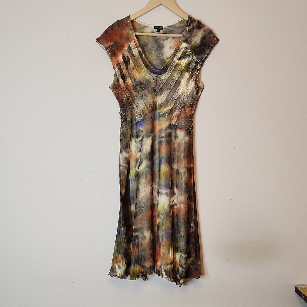 KOMAROV Floral Print Clinkle Satin Midi Dress, size L